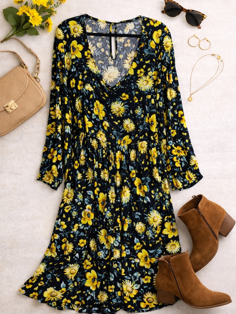 Torrid Black V‑Neck Dress w/Yellow Sunflowers Print. L Sleeve Cotton Midi. Sz 4X